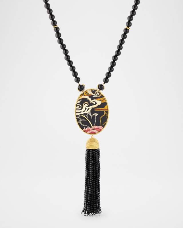 Tibetan Rose Oval Marquetry Lariat Necklace with Diamonds and Onyx